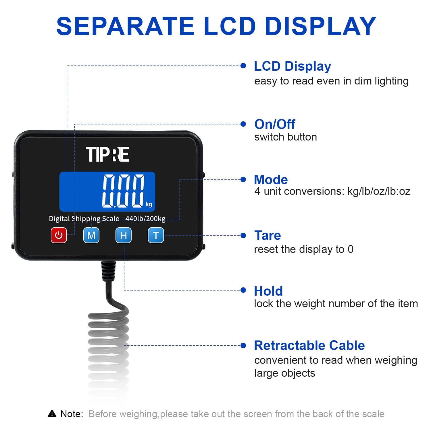 TIPRE Báscula de envíos digital, precisión 15g, hasta 200kg. Superficie de fibra de carbono ligera, ideal para paquetes, pymes, correo, almacén, hogar y equipaje. Incluye batería y cable de carga.
