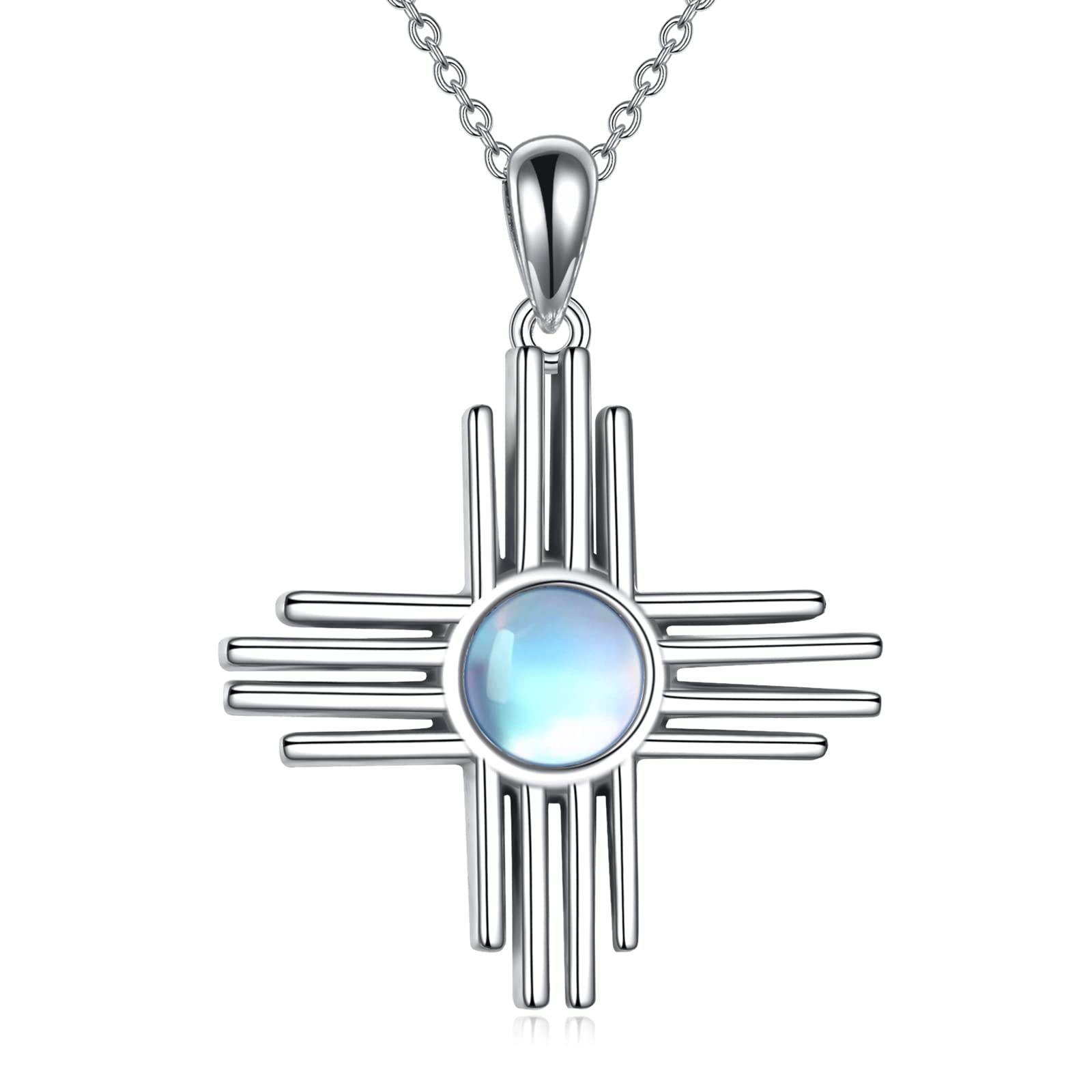 TIGER RIDERZia Sun Symbol Necklace 925 Sterling Silver Moonstone/Opal Necklace New Mexico Jewelry for Women, Metal, not known