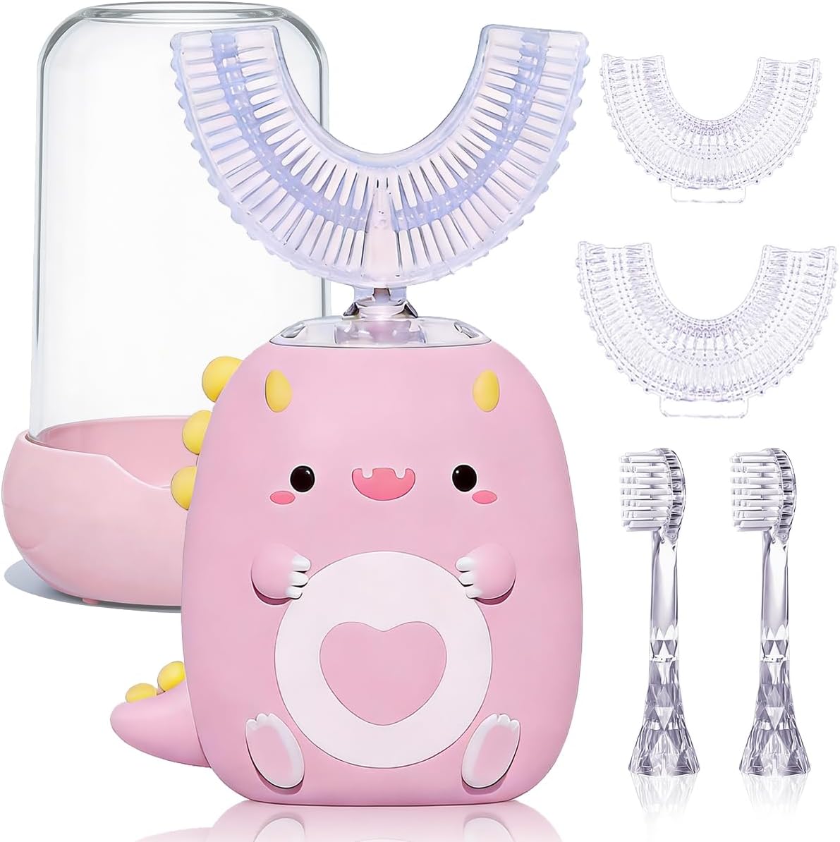 Kids U Shaped Electric Toothbrush with 4 Brush Heads (2 U & 2 Standard), Sonic 360° Cleaning Toddler Toothbrush with Dustproof Cup, 5 Modes, IPX7 Waterproof Cartoon Dinosaur, Ages 2-12