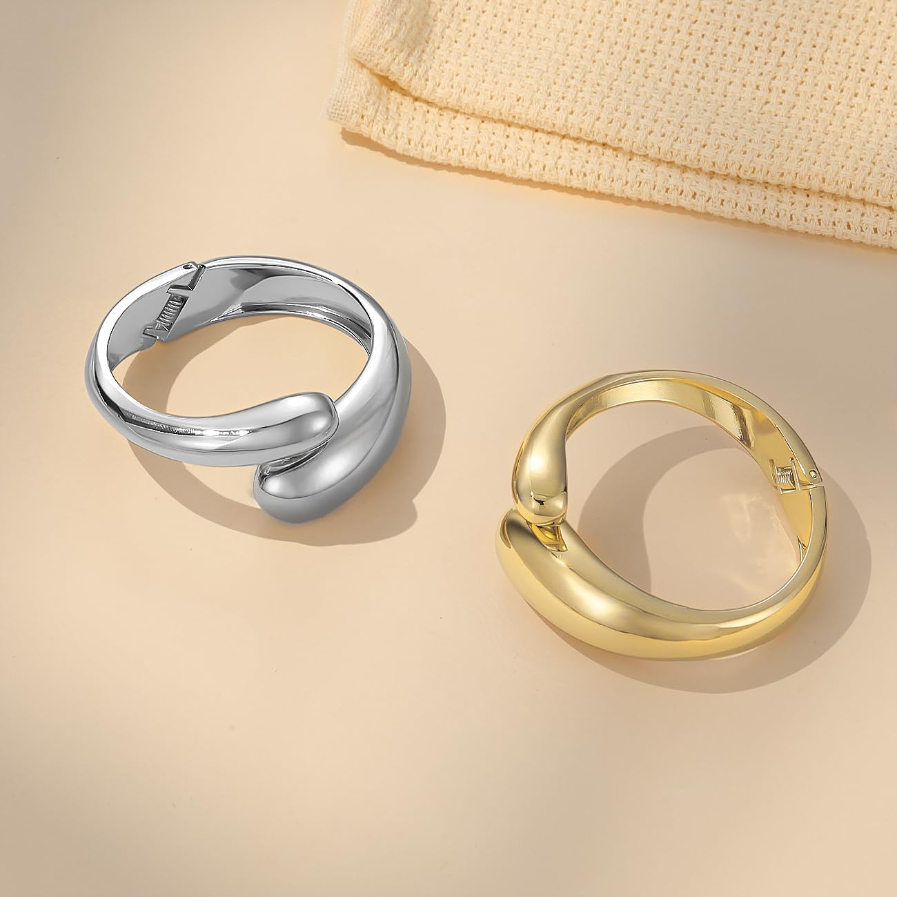 Emibele Cuff Bracelet Stack, 18K Gold-plated Open Bangle Bracelet, Teardrop Hinged Thick Wrist Chunky Bracelet Set for Women, Non Tarnish Jewelry Gift, 2 Pack - Image 8