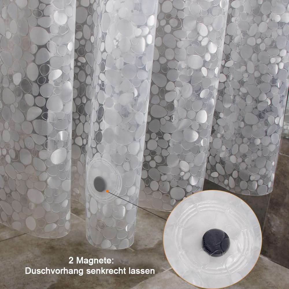 WELTRXE zasłona prysznicowa, odporna na pleśń, magnesy obciążające na spodzie, 0,15 mm (92 x 180 cm), wodoszczelna, antybakteryjna, z materiału EVA, do prysznica i wanny, wzór kamieni 3D, łącznie z 6 pierścieniami