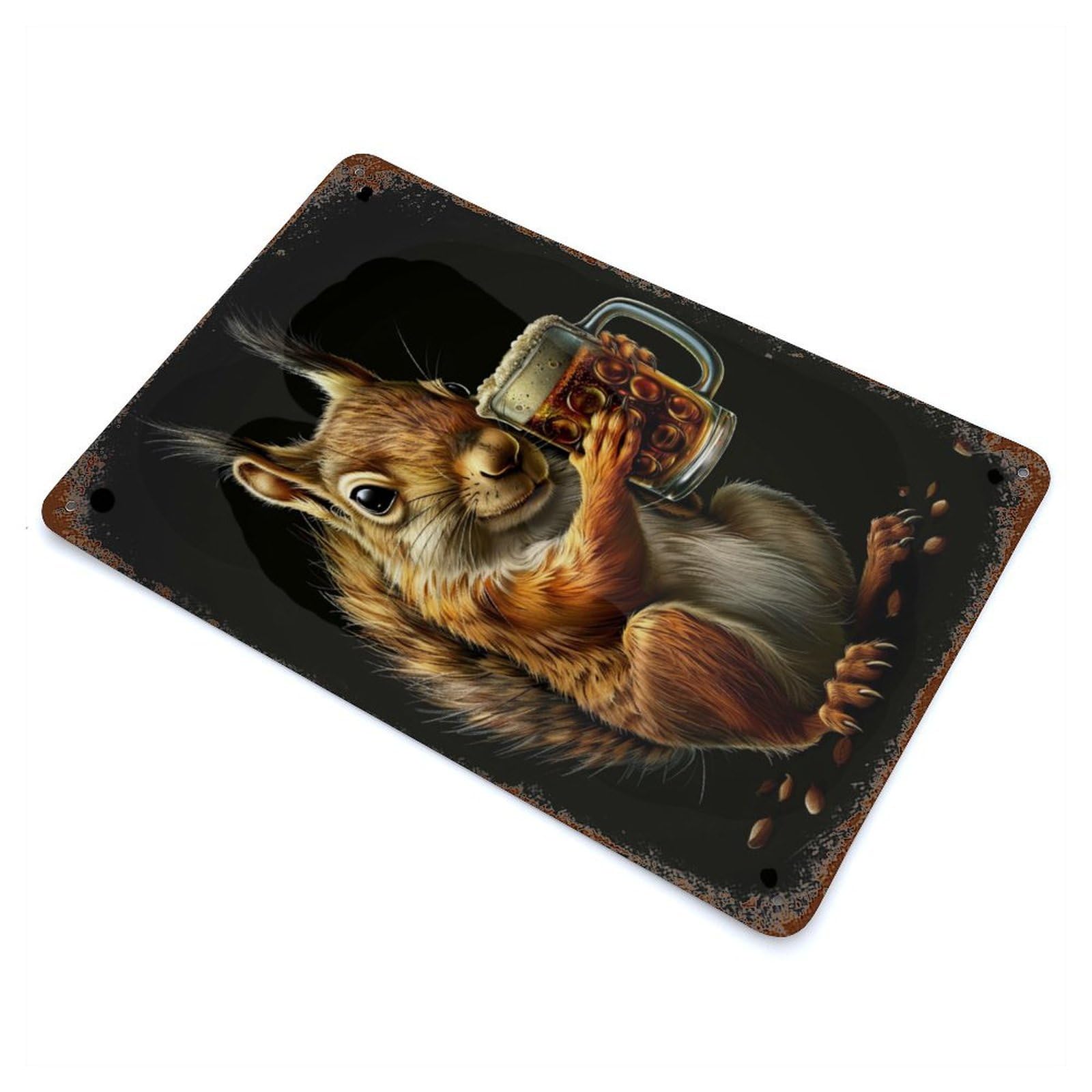 Rust Effect Squirrel Beer Rusty Metal Tin Sign 11.8"x7.9", Rustic Home Decor for Living Room, Hallway And Home Decor