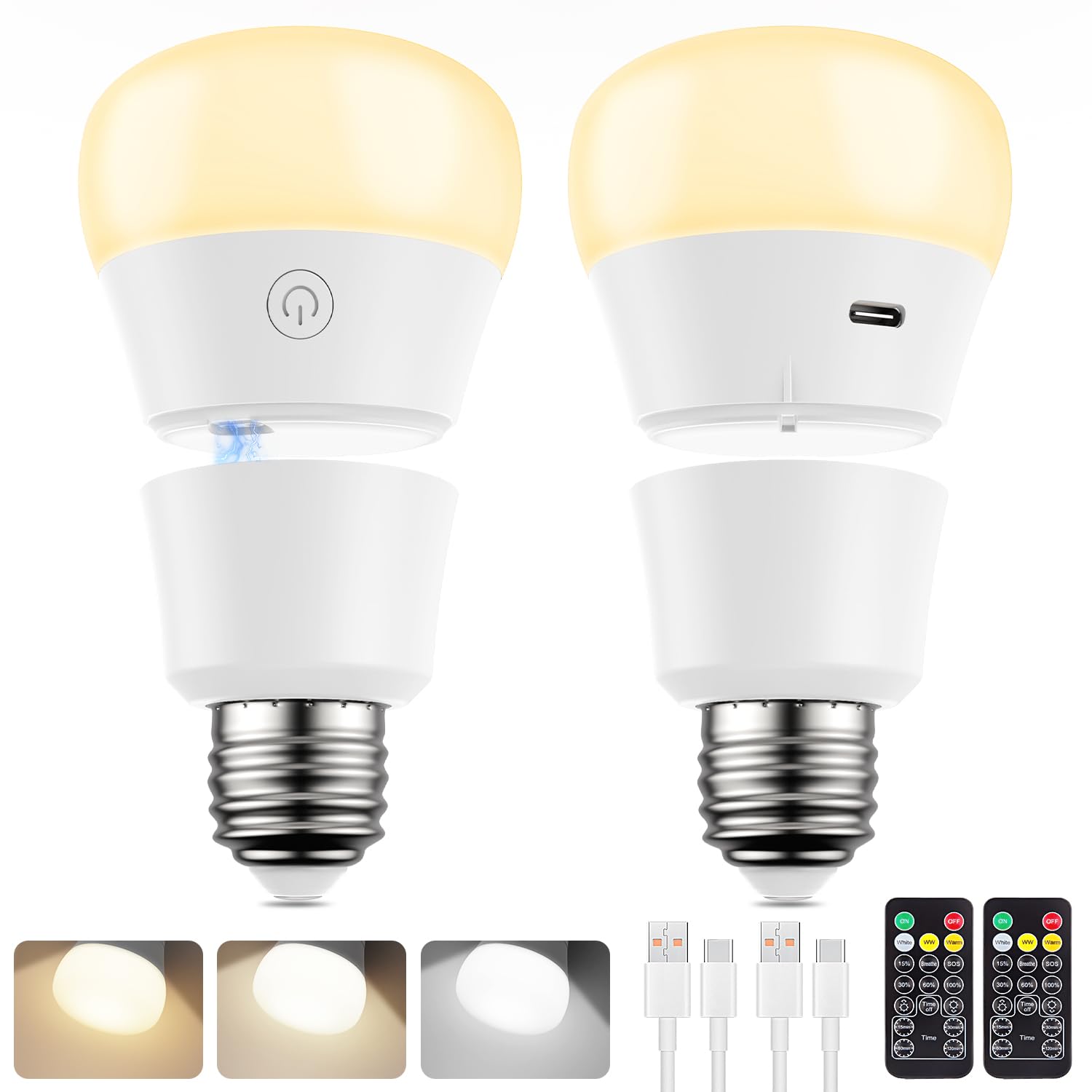 SCOPOW Magnetic Rechargeable Light Bulb with Remote, E26 Battery Operated Emergency LED Light Bulb, 3 Color Temperatures and Dimmable, 2800mAh USB Backup with Timer for Home, Hurricane, A19, 2 Packs