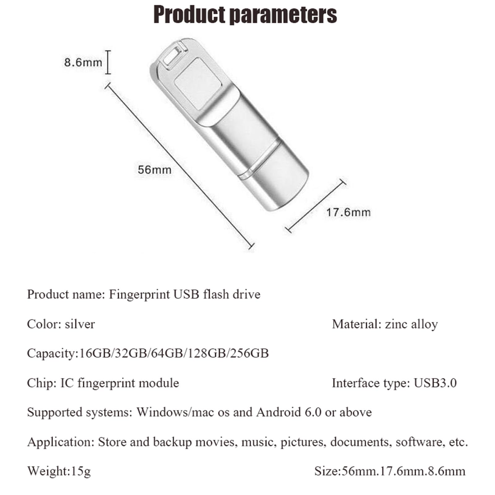 Chiavetta USB 3.0 per impronte digitali, chiavetta USB sicura con crittografia biometrica per disco intero da 32 GB per PC, per telefoni Android, laptop, A per amici e familiari,128GB