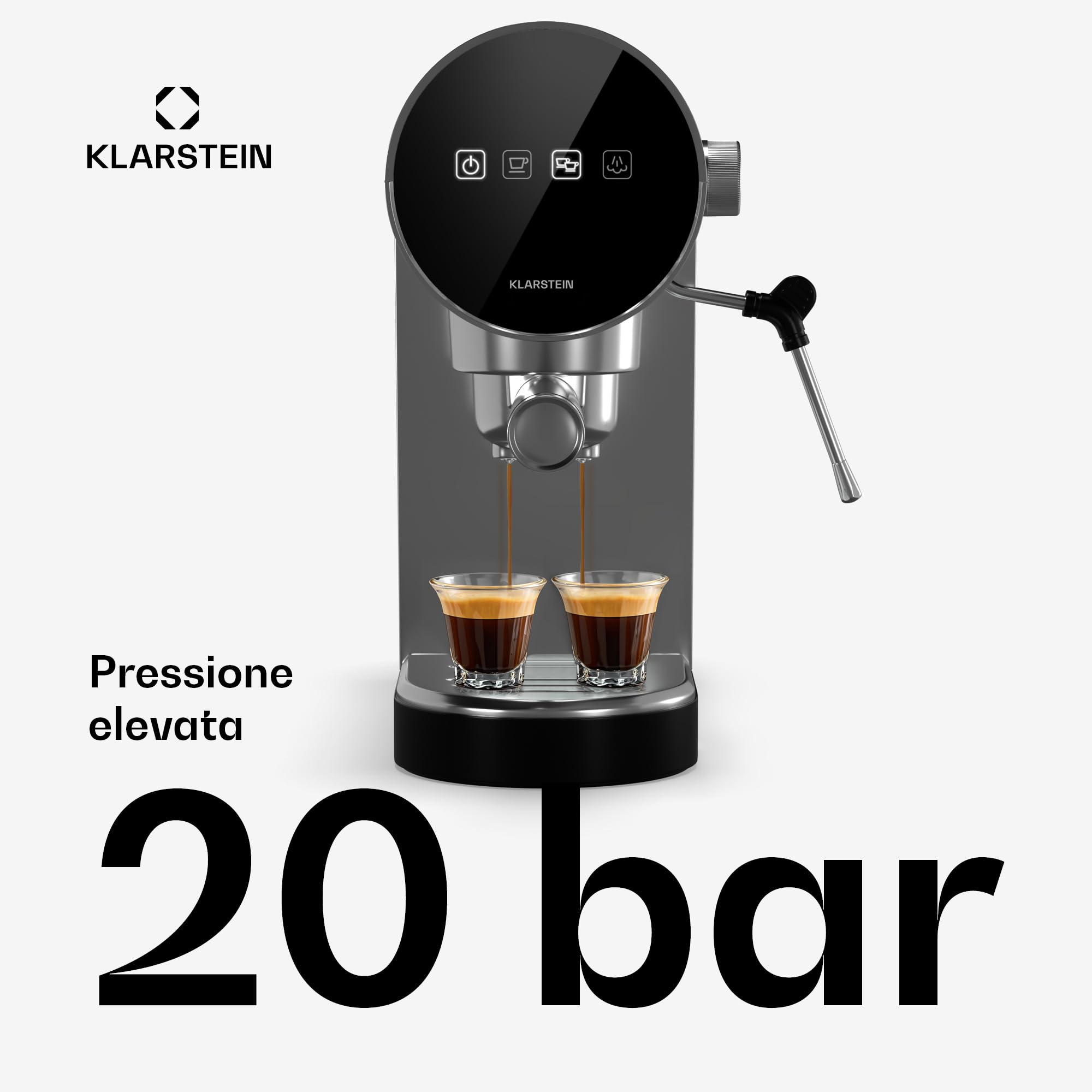 KLARSTEIN Macchinetta Caffe Espresso 0.9L, Macchina da Caffè, Caffè Espresso e Cappuccino, Macchina Caffè Barista 20 Bar In Acciao Inossidabile per Caffè Latte e Macchiato, 1360W con Montalatte
