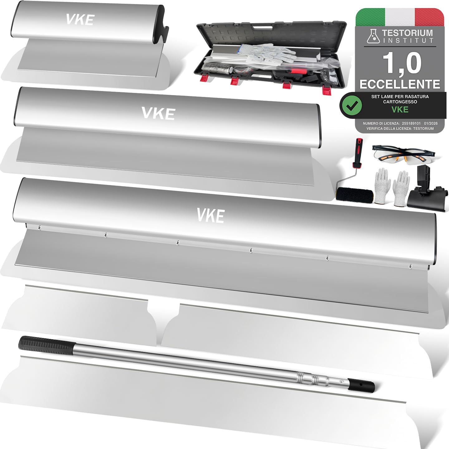 VKE Kit Spatole per Stucco Muro Spatola e Raschietto per Stucco per Spatola Stucco (30+50+80 CM) con impugnatura ergonomica, asta telescopica per intonacare pareti e soffitti (1-2.1m)