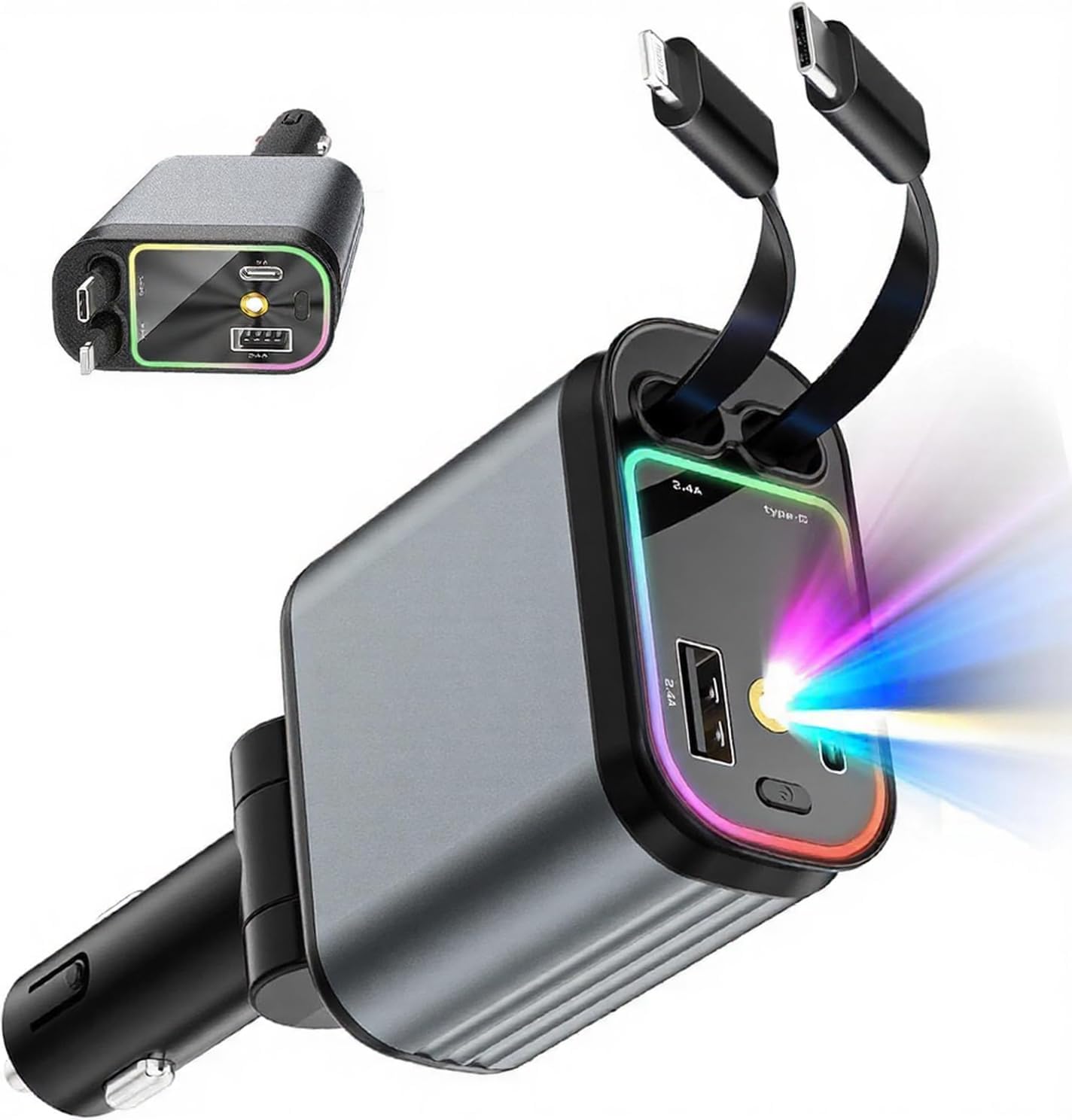 TYROCX Retractable Car Charger with Starlight Projection On Car Roof | Car Accessories Super Fast Car Charger 5 in 1 |with Type C and Mini Cable | Retractable Cables 32 Inches, Black-image-31