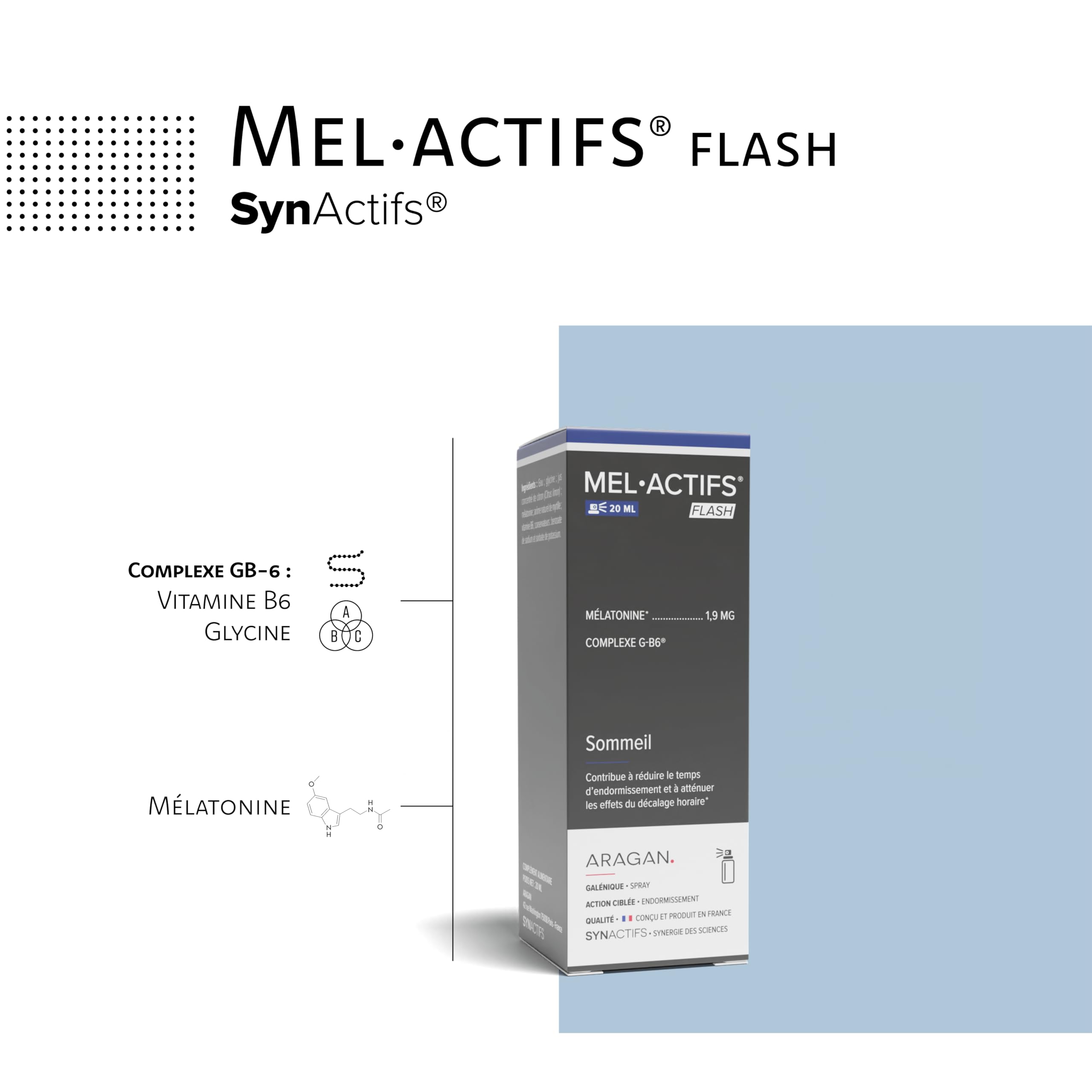 Melactifs Flash - Complement Alimentaire Melatonine 1,9 mg - Vitamine B6, Glycine - Format Spray - Aragan - 20ml