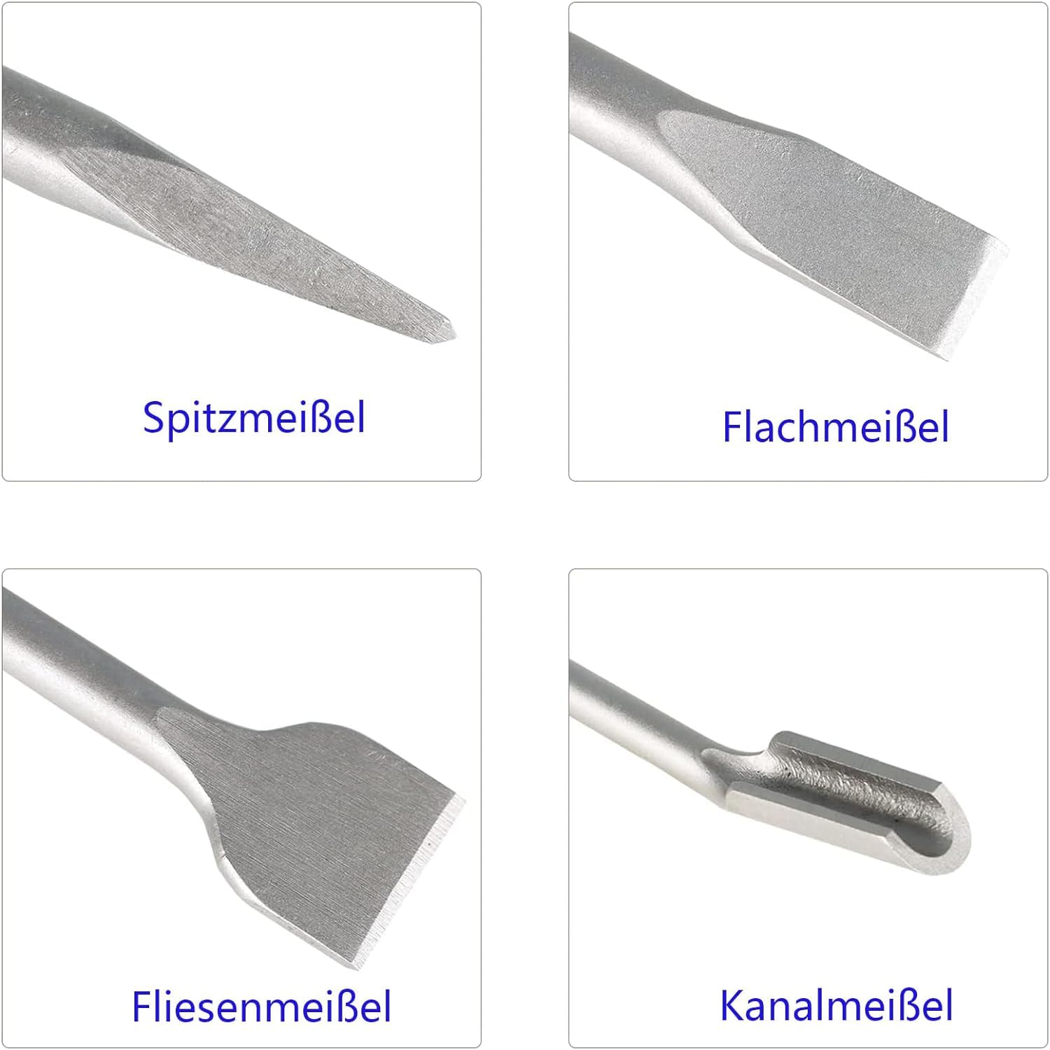 HYCHIKA Set di Scalpelli SDS Plus - 4 Pezzi (40mm Piatto, 25mm Canale, 20mm Piastrelle e Punta) per Piastrelle, Calcestruzzo, Pietra