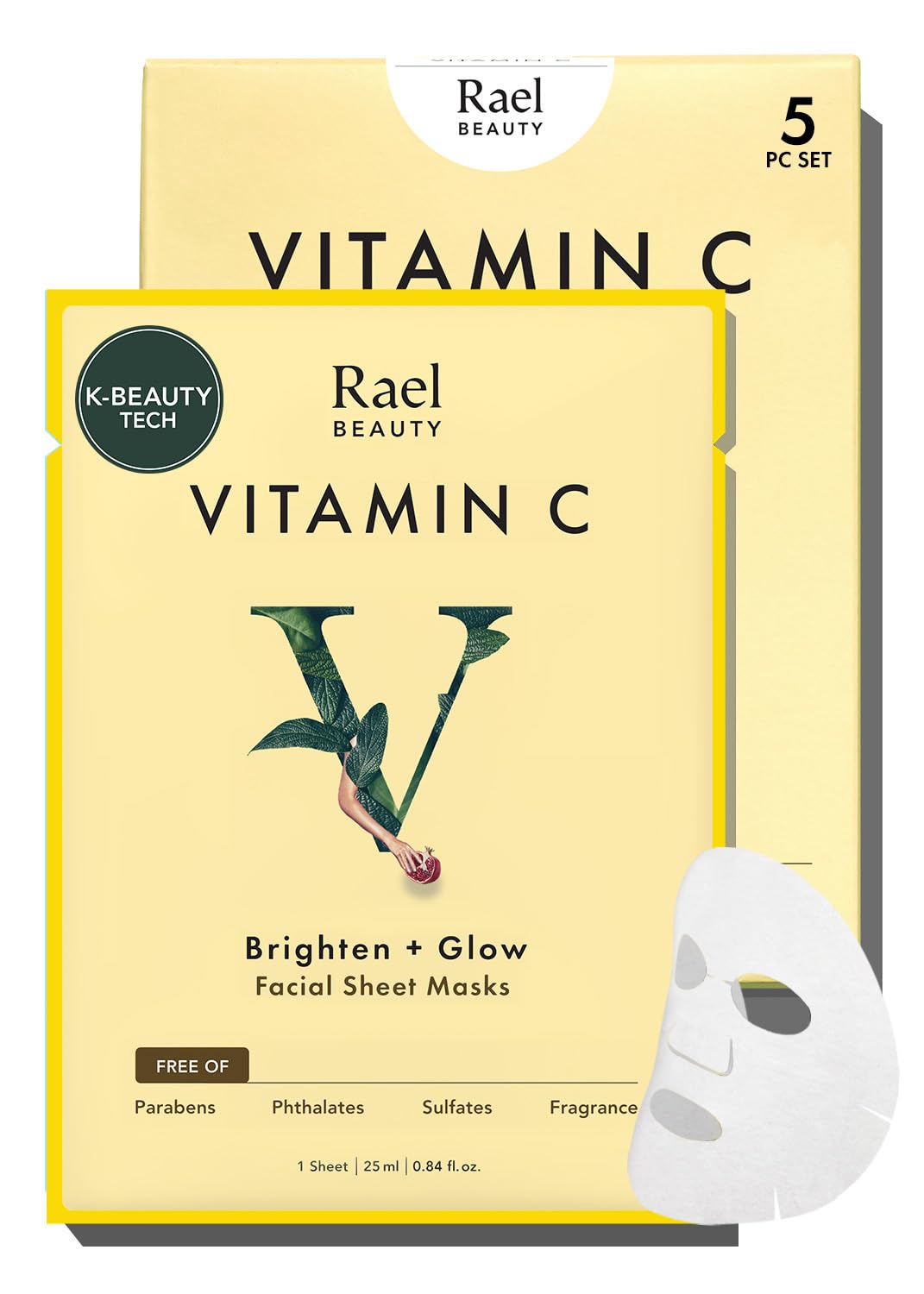 Rael Maschera Viso Vitamin C – Skincare Coreana per Glass Skin, Illuminante, Vitamin C, Niacinamide, Estratti di Frutta, Maschera in Bambù Morbido, Senza Profumo & PEGs, Vegan, Cruelty-​Free (5 pezzi)