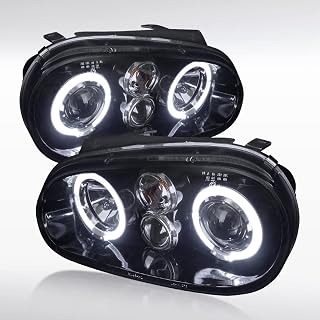 Autozensation Compatible with 1999-2006 Volkswagen Golf MK4, 1999-2006 Volkswagen GTI, Left + Right Pair Headlamps Assembly, Dual Halo Glossy Black Housing Smoke Lens Projector Headlights
