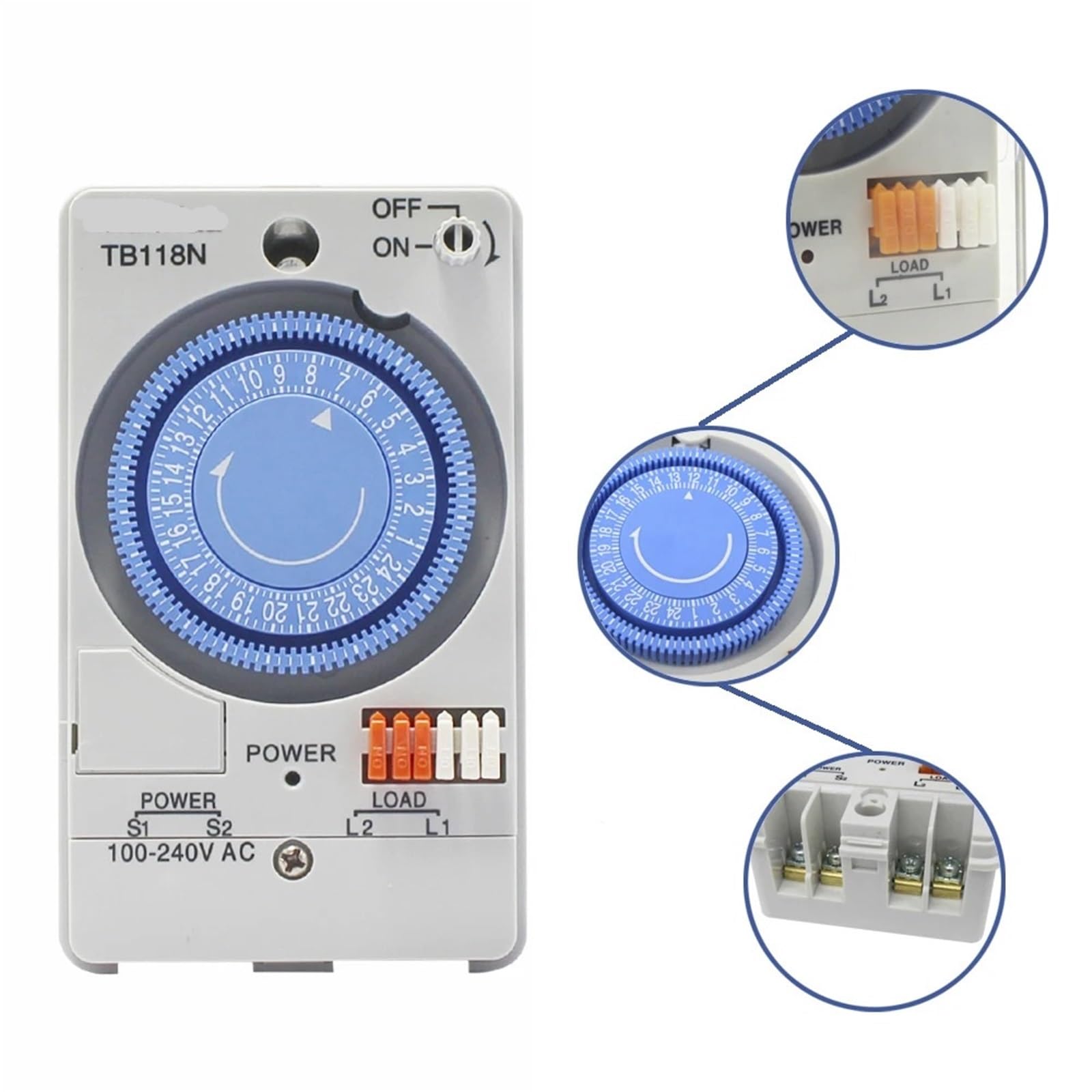 Interruptor Temporizador mecánico TB118N de 100-240 V CA, 50-60 Hz, for riel DIN, Resistente al Agua, con Cubierta Protectora de plástico Transparente y batería.