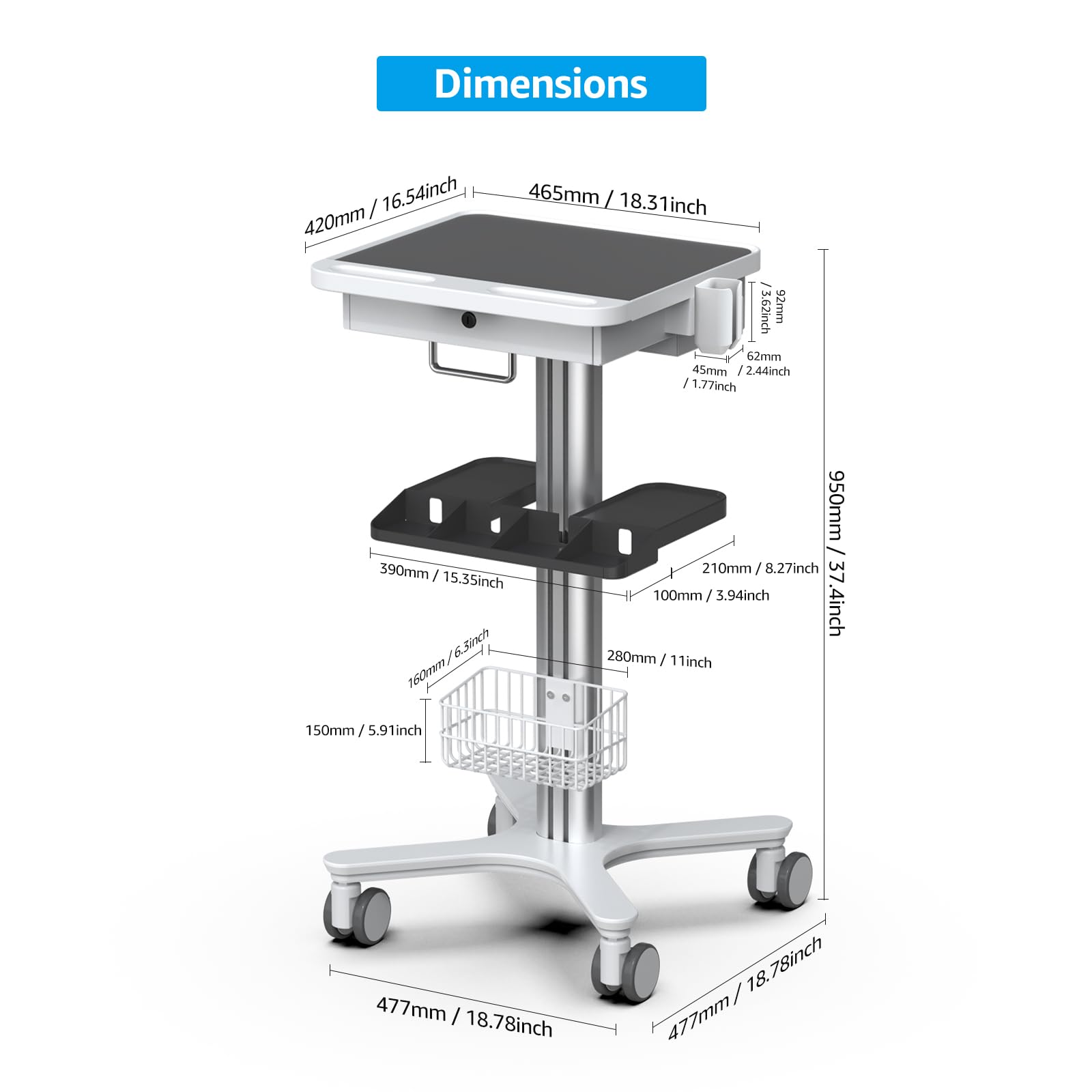 Medical Cart with Laptop Pallet and Oral Scanner Holder, Mobile Medical Trolley Dental Clinic Cart Stations with Wheels for Hospital Beauty Salon(RC-1)