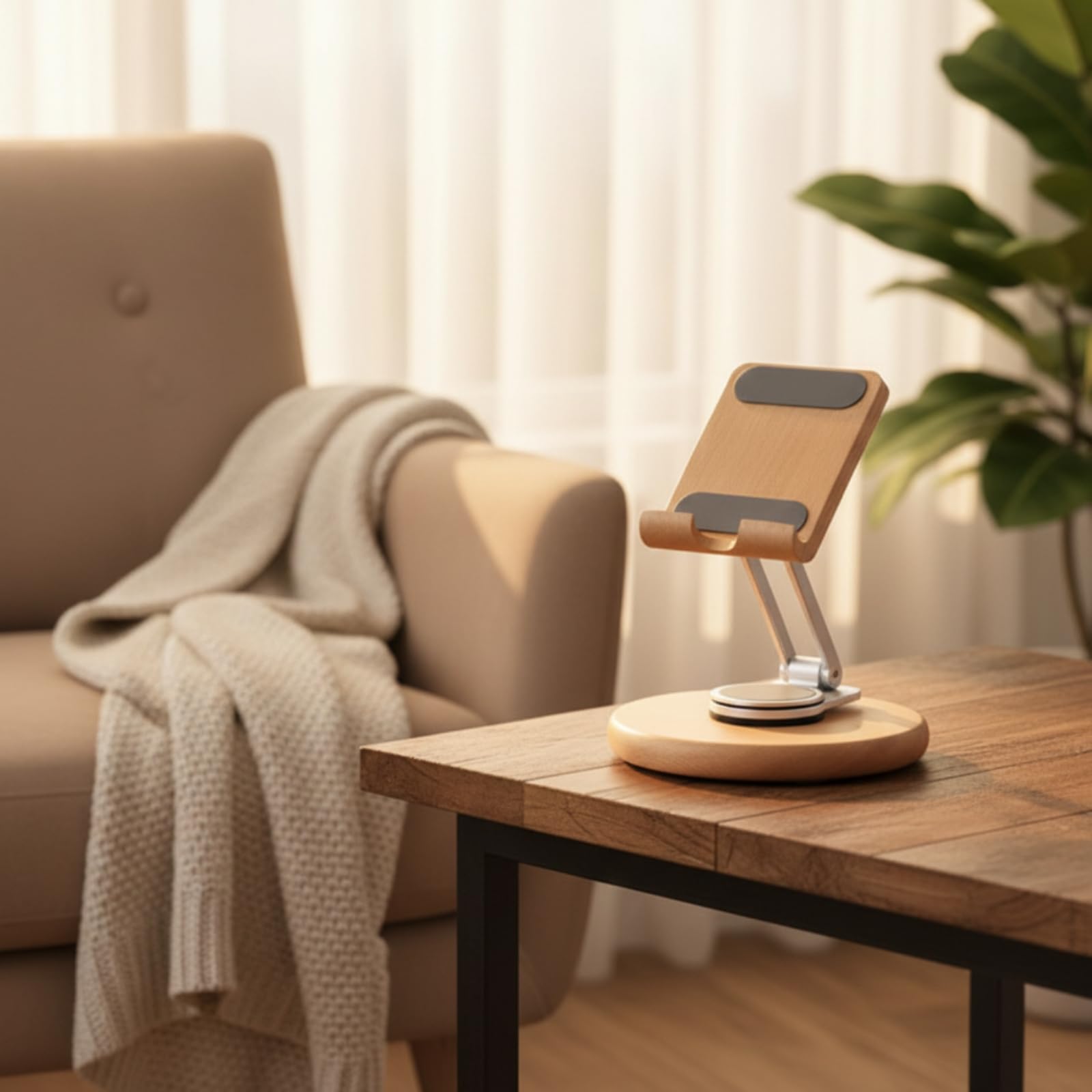 Supporto Tablet Regolabile Supporto Telefono da Tavolo Base Legno Pannello Legno Asta Alluminio Snodabile 360 Gradi Altezza Estensibile Protezione, style to 1