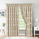 Best Linen Curtains for Living Room Readymade Fully Lined Pencil Pleat Jacquard Virginia Curtains Modern Pair Panels for Bedroom with Tiebacks (Beige, W 90" x L 90")