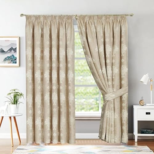 Best Linen Curtains for Living Room Readymade Fully Lined Pencil Pleat Jacquard Virginia Curtains Modern Pair Panels for Bedroom with Tiebacks (Beige, W 90" x L 72")