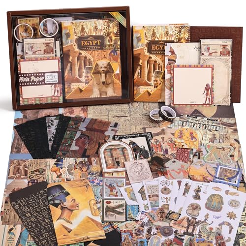 Image of Scrapbooking Supplies Kit, Egyptian Vintage Aesthetic Scrapbook Kit for Bullet Junk Journal, Ancient Egypt DIY Journaling Supplies with Hieroglyph, Pharaoh, Pyramid, Unique Gift for Teens & Women