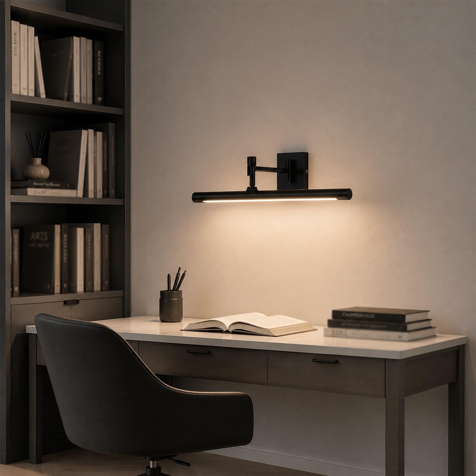 Jadssox Lampe de vanité de salle de bains linéaire à LED, applique murale à bras pivotant, lampe avant de miroir réglable, éclairage d'image à cadre rotatif, lumières de miroir de courtoisie noires