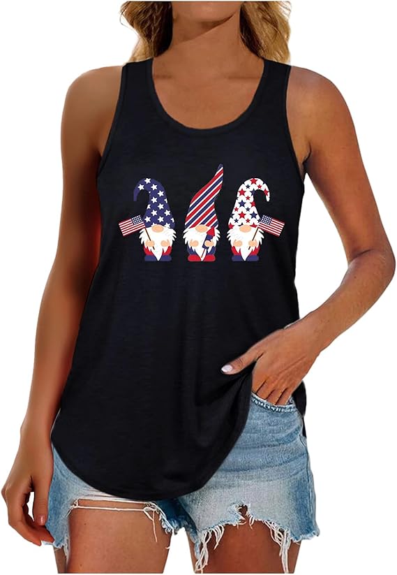 widely 4th of July Tank Tops for Women USA Flag Stars and Stripes Printed Tank Tops Round Neck 