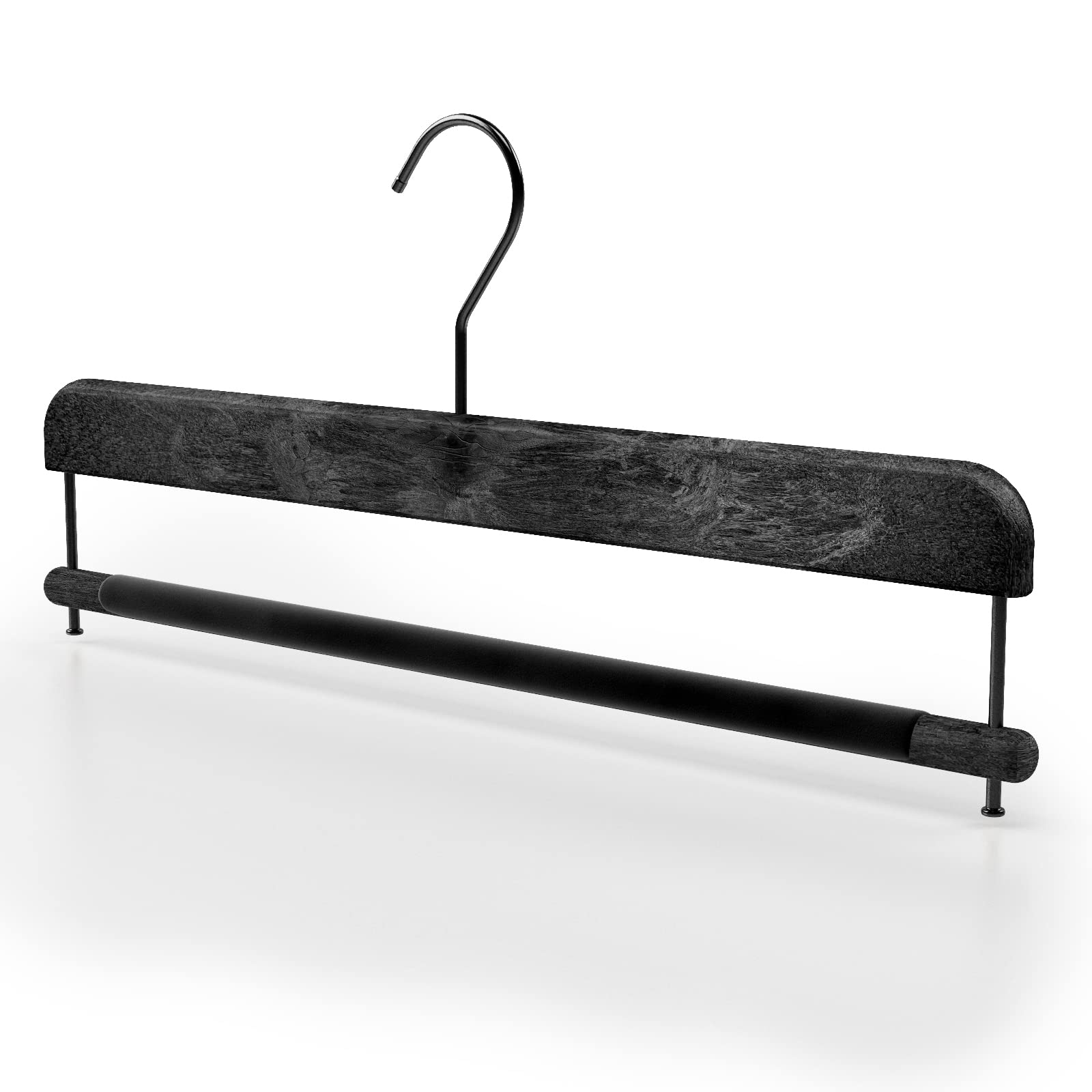 Mainetti Appendini per Pantaloni Uomo Donna, Grucce in Plastica, Salvaspazio, con Barra in Velluto Antiscivolo, Effetto Venature Legno, Made in Italy, Set di 10 Pezzi (Nero con gancio nero, 38 cm)
