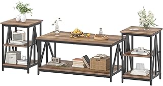 Bigbiglife Living Room Coffee Table Set of 3, Industrial X-Design Coffee Table and 2 End Side Tables, 3 Piece Living Room Table Set with Large Storage for Apartment Home (Wood Grain)