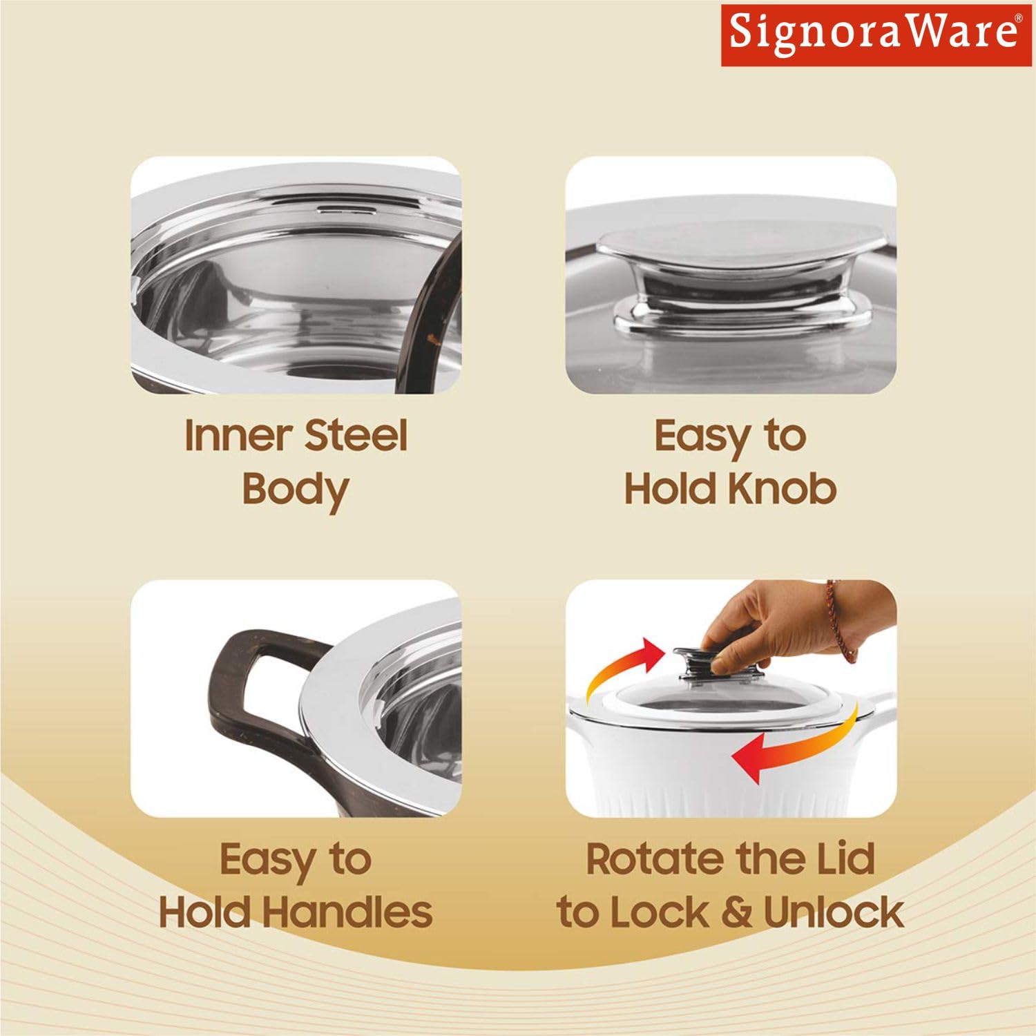 SignoraWare Master Lock BPA Free Plastic Casserole with Glass Lid | Airtight & Leakproof | Microwave Safe | Perfect for Home, Kitchen & Gifting | Ideal for Storing & Serving Hot Meals (1 Ltr |White) 3