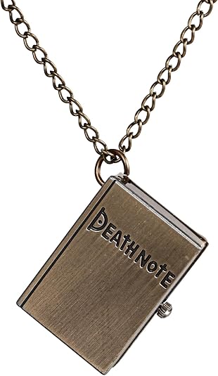 JewelryWe Pocket Watches for Men: Vintage Death Note Bronze Skull Dial Quartz Halloween Notebook Locket Pendant Square Case Unisex Necklace Watch for Father's Day