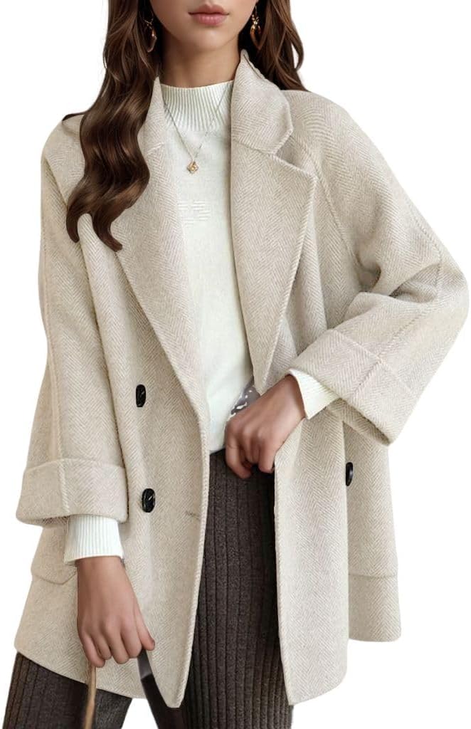 chouyatou Women's Casual Notch Lapel Double Breasted Warm Shacket Jacket Wool Coat