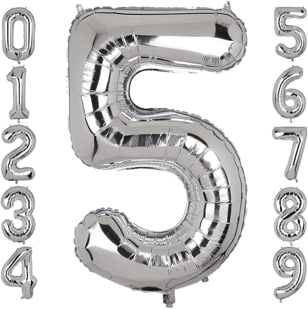 Goldedge Number 5, 32 Inch Number Balloons Foil Silver - Glamorous Party Decorations for Birthdays, Anniversaries, and Special Events