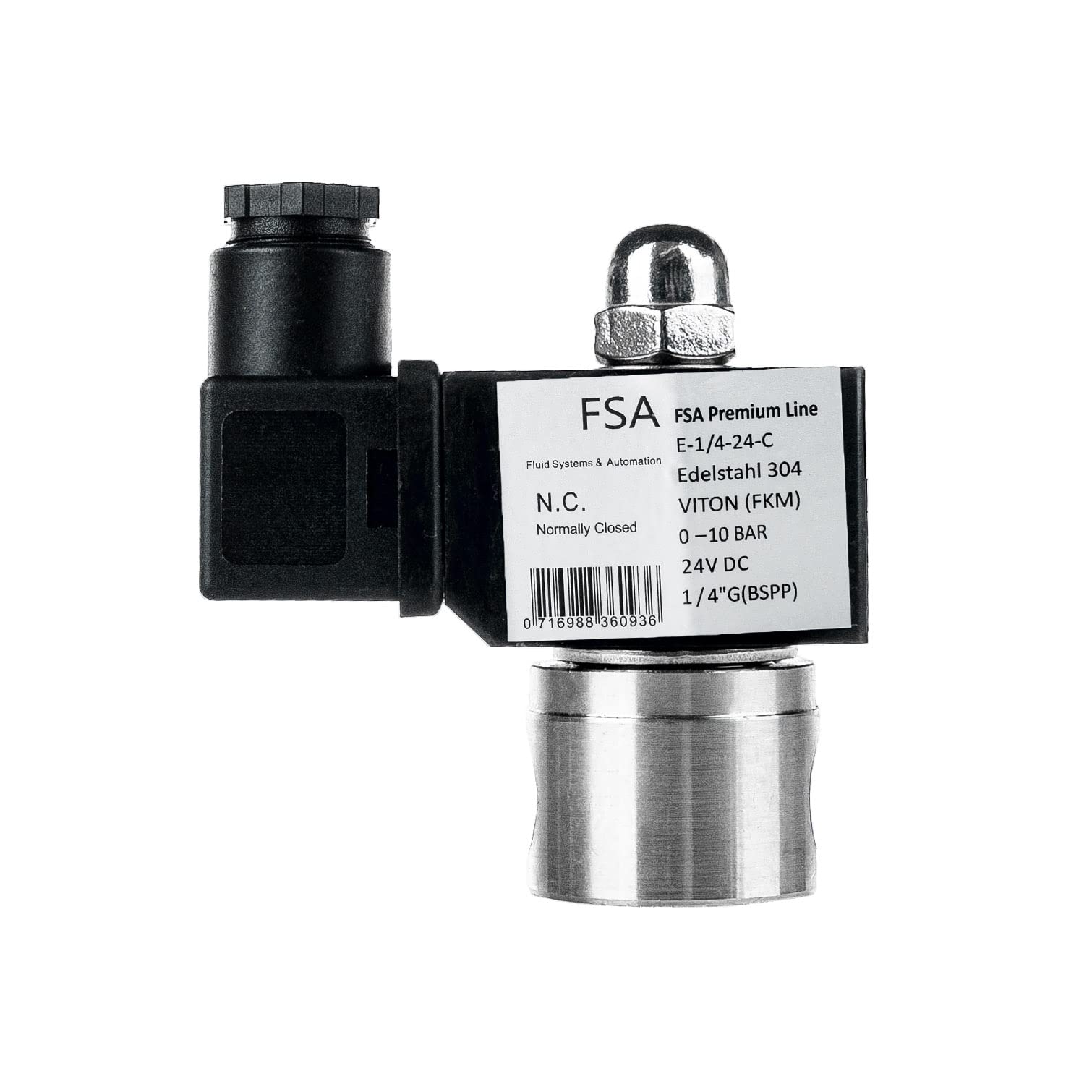 FSA Elettrovalvola in Acciaio Inox 304 1/4" 24V DC 0-10 bar Viton normalmente chiusa