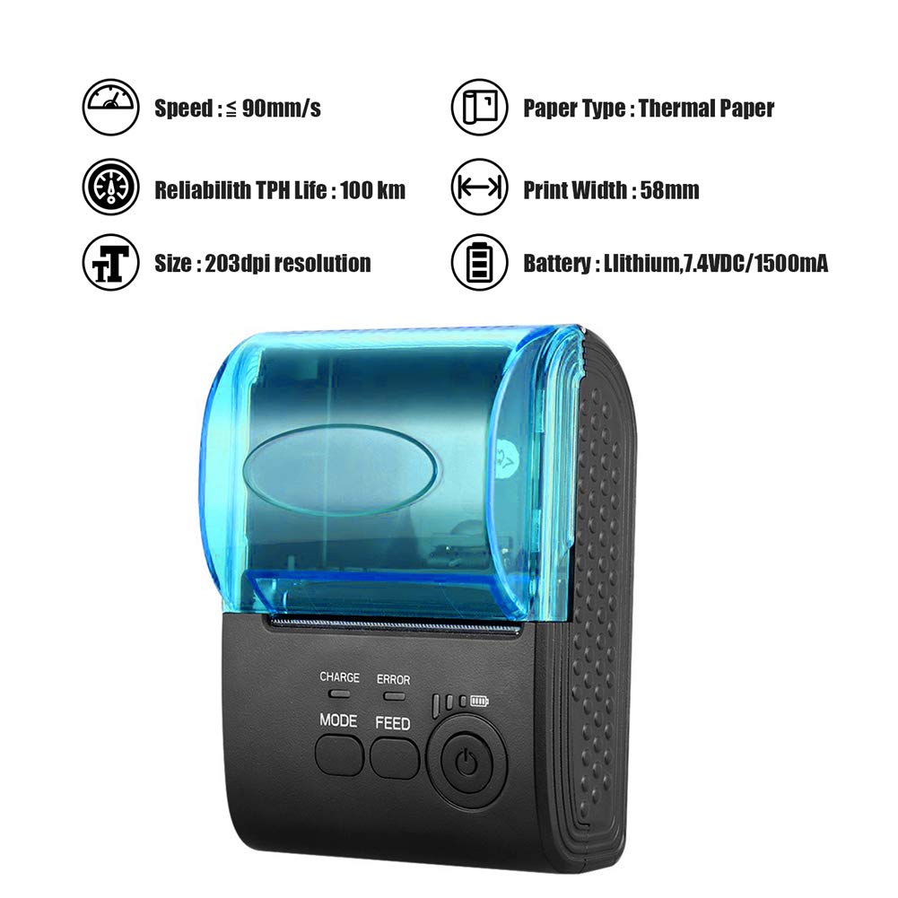Imprimante De Reçus Bluetooth POS-5809DD 58mm - Mini Imprimante Thermique Portable 90mm/s - Compatible Windows, Android, IOS
