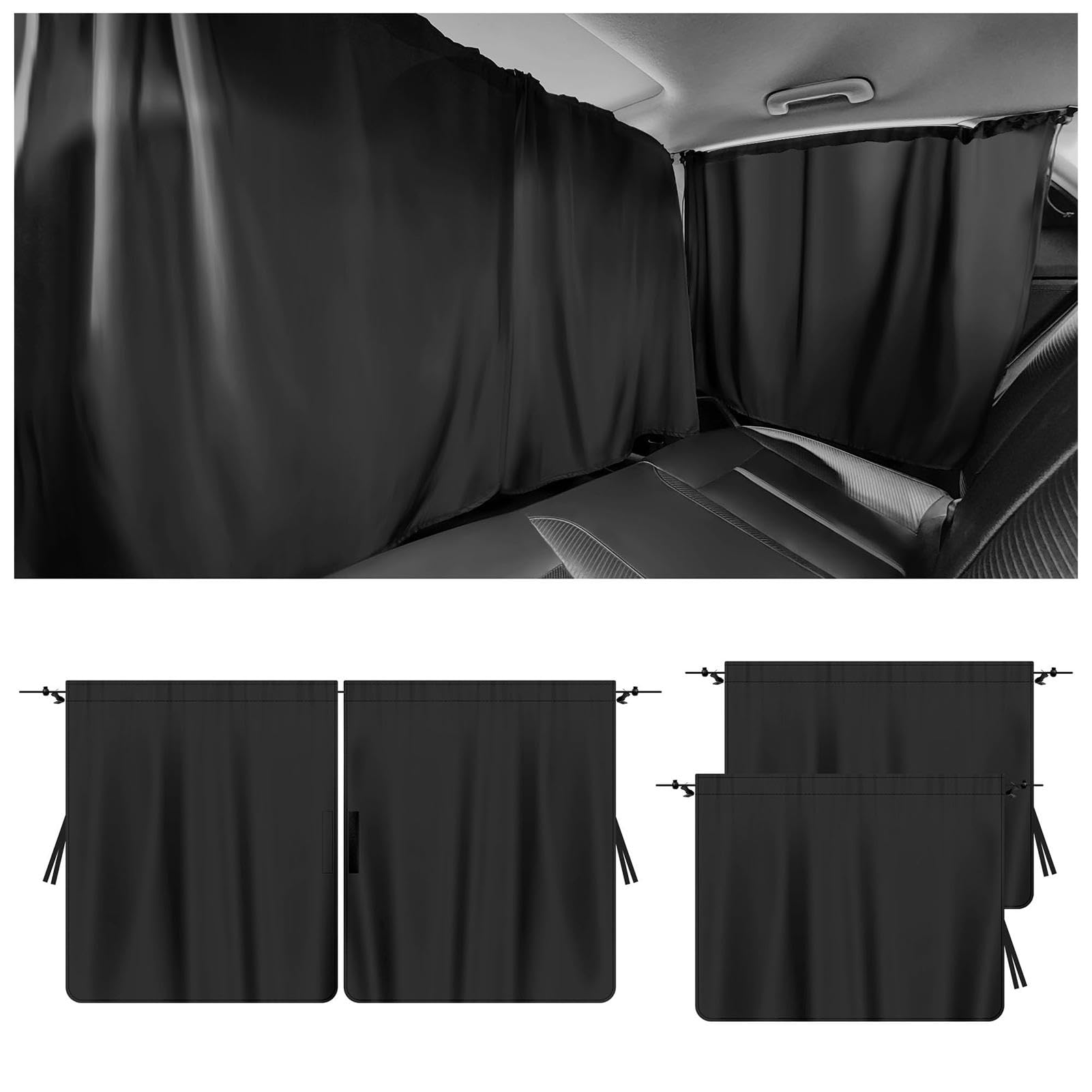 3-Piece Car Window Shade Set – 2 Rear Sun Shades & 1 Privacy Curtain With Pockets, For SUVs & Trucks