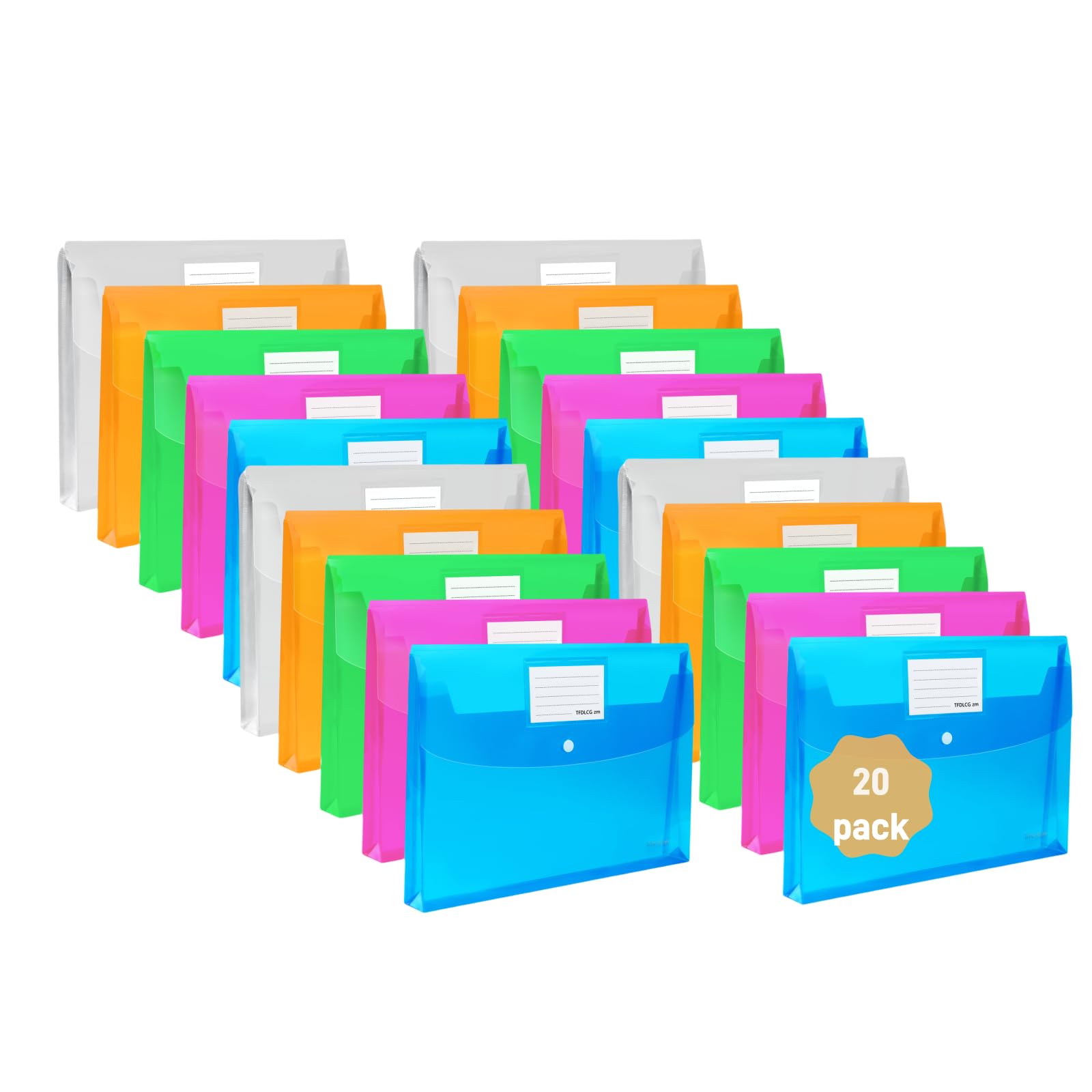 Confezione da 20 buste in plastica con chiusura a scatto, buste in polietilene con tasca per etichette, cartelle trasparenti per documenti, formato A4 (33 x 23 cm) per scuola, casa, lavoro, ufficio