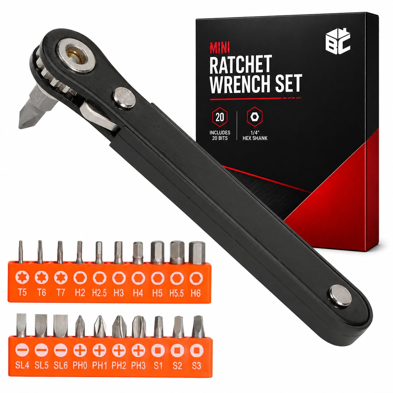 Bates- Low Profile Right Angle Screwdriver with Drill Bits Set, 21 pcs, 1/4" Mini Ratchet Screwdriver with Torx, Hex, Phillips, Flat and Square Bits for Tight Spaces