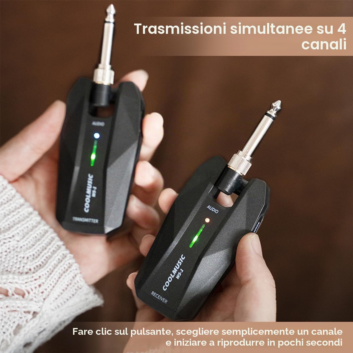 Coolmusic WS1 Sistema per chitarra stereo wireless da 5,8 GHz con prese per strumenti da 1/4" e 1/8", ricaricabile, per chitarra, tastiera, basso