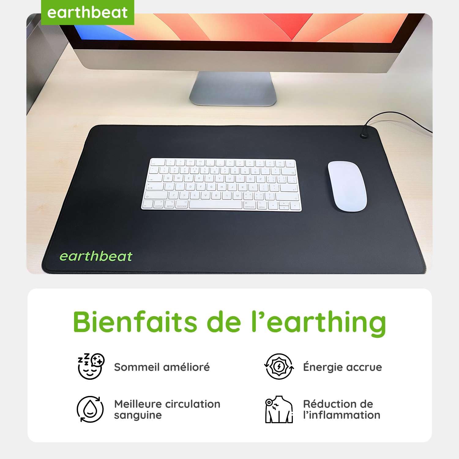 earthbeat Classic Tapis d’Earthing. Adaptateur français inclus. Kit testeur de mise à la terre gratuit. Thérapie naturelle pour la qualité du sommeil et le bien-être. Cuir vegan conducteur. 33×60 cm