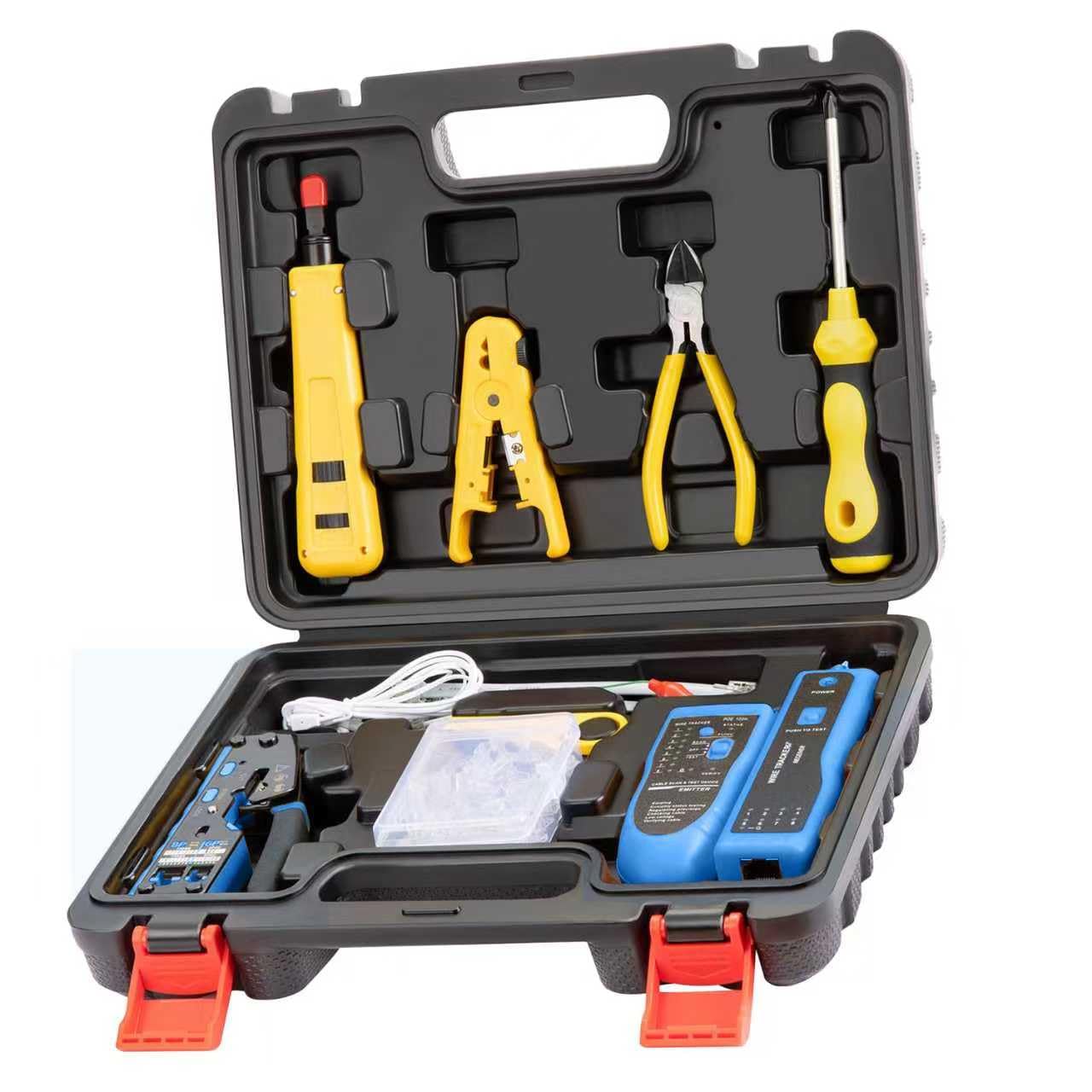 Pass Through RJ45 Crimp Tool Kit, Netzwerk Tool Kit für Cat6 Cat5 | Ethernet Crimper Cat6 Cat5e Cat5 Crimpzange mit Draht-Tracker, Durchgangsanschlüsse