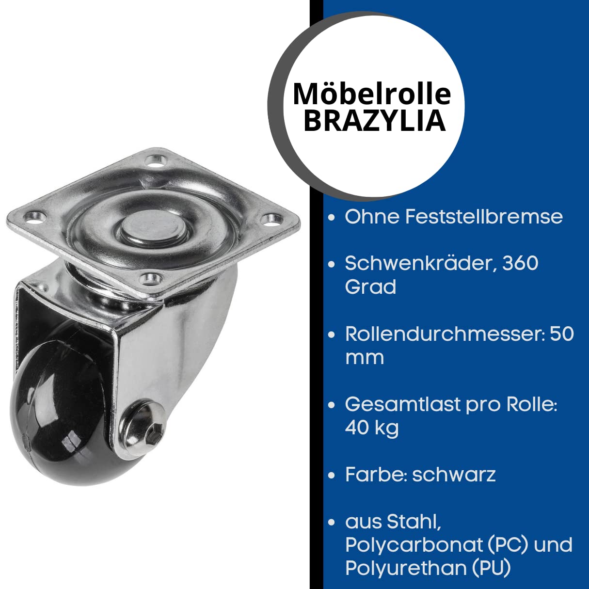 GTV, Brazilia furniture castor without lock, swivel castors for furniture steel/PC/PU, diameter 50 mm - Image 2