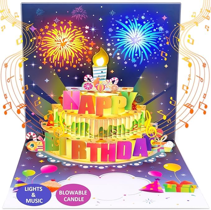 SELLORIA Birthday Cards, MUSIC & LIGHTS & BLOWABLE CANDLE Pop up Happy Birthdays Card, Gifts for Women Men Husband Wife Sister Friends Kids (Navy Blue)