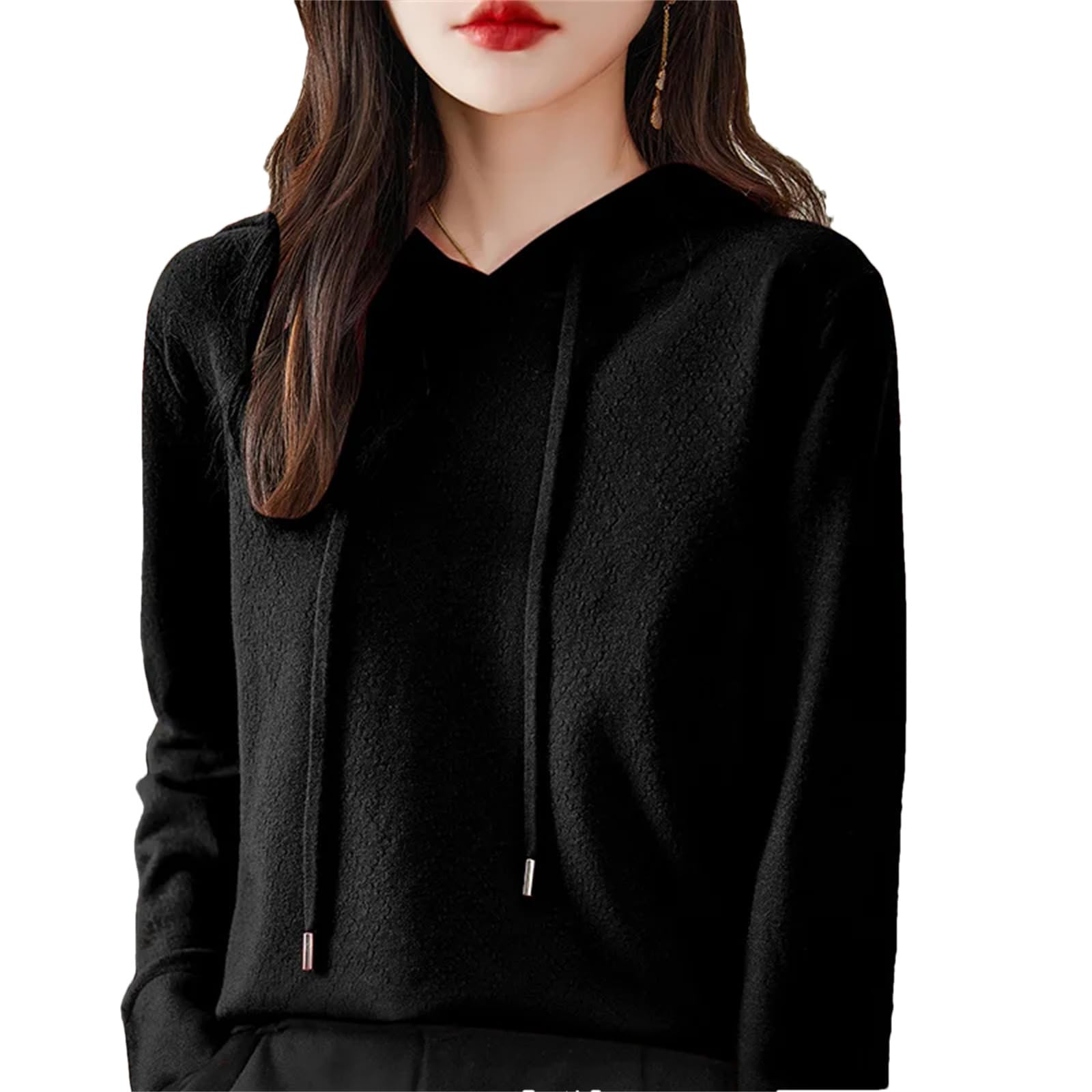 Pullover da donna in cashmere con cappuccio in cashmere primaverile maglione con cappuccio allentato felpa con cappuccio nero, Nero , L