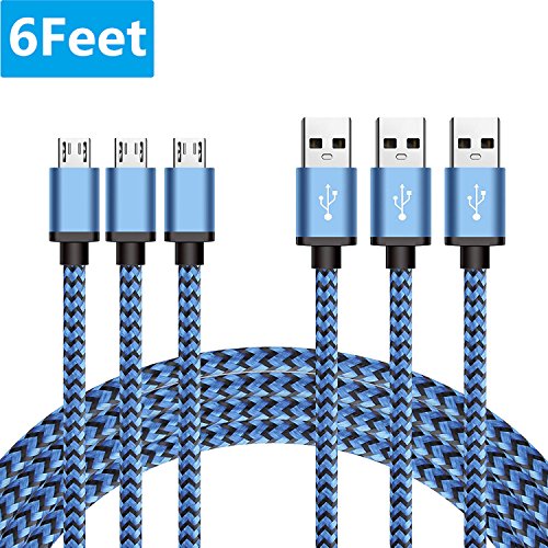 Micro USB Cable 3-Pack 6ft / 1.8m, BeneStellar Premium Nylon Braided USB 2.0 A Male to Micro B Charger Cord for Samsung, LG, Motorola, Nexus, HTC, Sony, Nokia, Android Devices and More (6ft Blue)