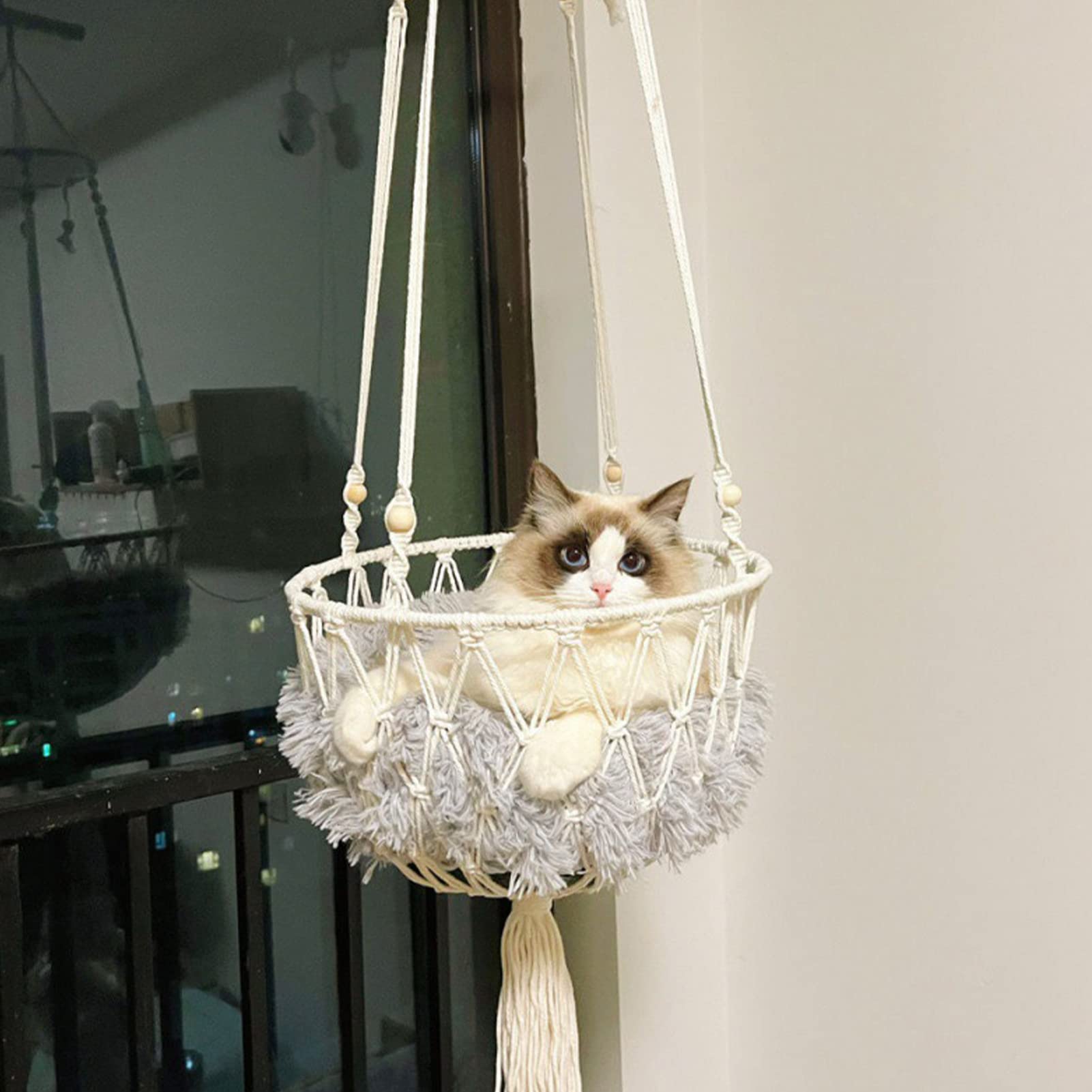 Quaste, Makramee, zum Aufhängen, Katzenschaukel, handgewebt, für Fenster, für Katzen, atmungsaktiv, Bohemian, Dekoration, Haus, Bett zum Aufhängen für schlafendes Kätzchen und Spielen (50 cm)
