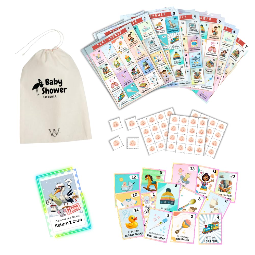World Creation Shop LLC Baby Shower Bilingual Loteria Game Set for 50 Players