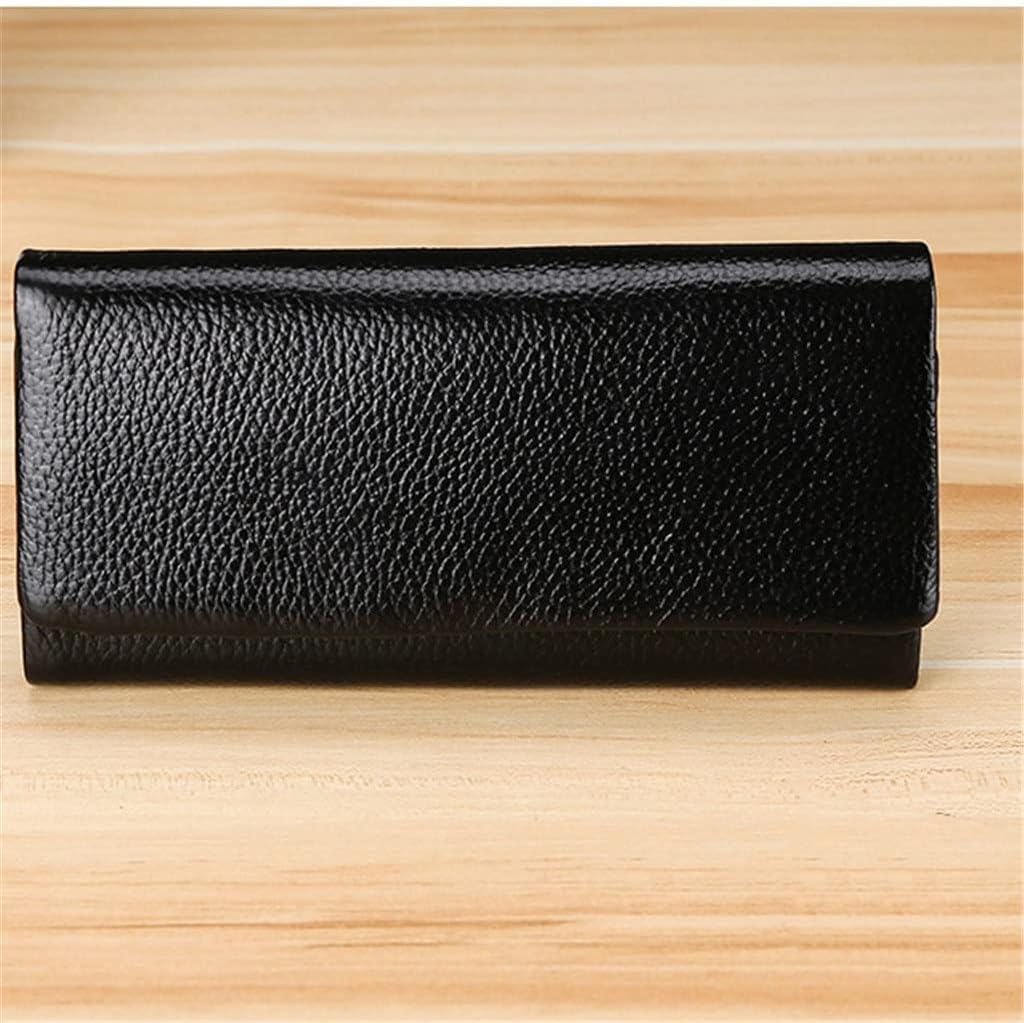 Long Genuine Leather Ladies Wallet with Lychee Grain Design and Multiple Card Slots (Black)