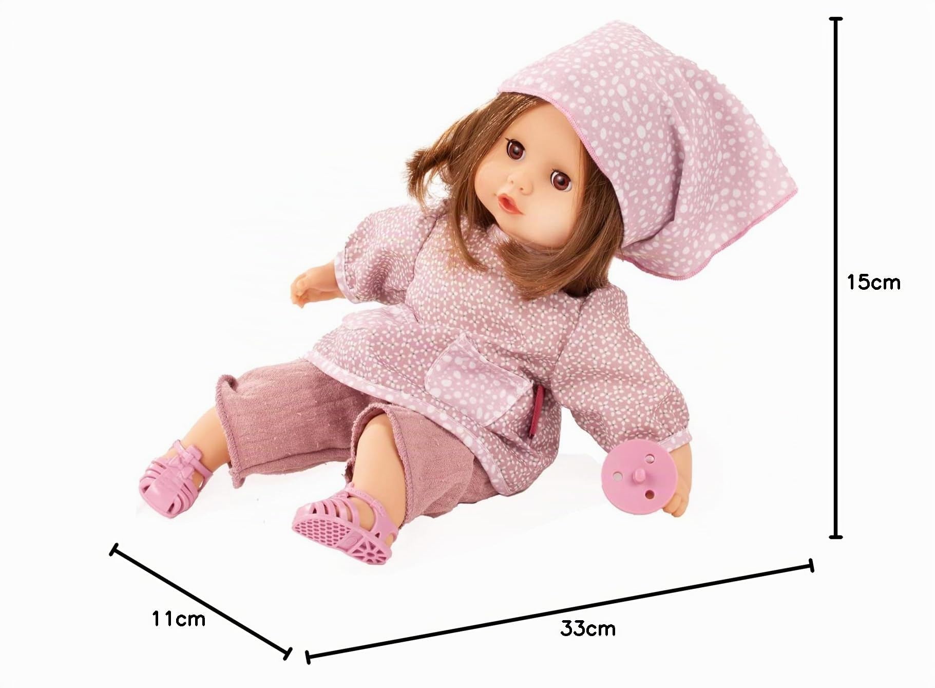 Götz 2220949 Muffin Soft Mood Puppe 33 cm Babypuppe braune Schlafaugen | 7-tlg, braune Haare, Weichkörper, für Kinder ab 3 Jahren, frisierbar, waschbares Haar, mit Schnuller und Kopftuch