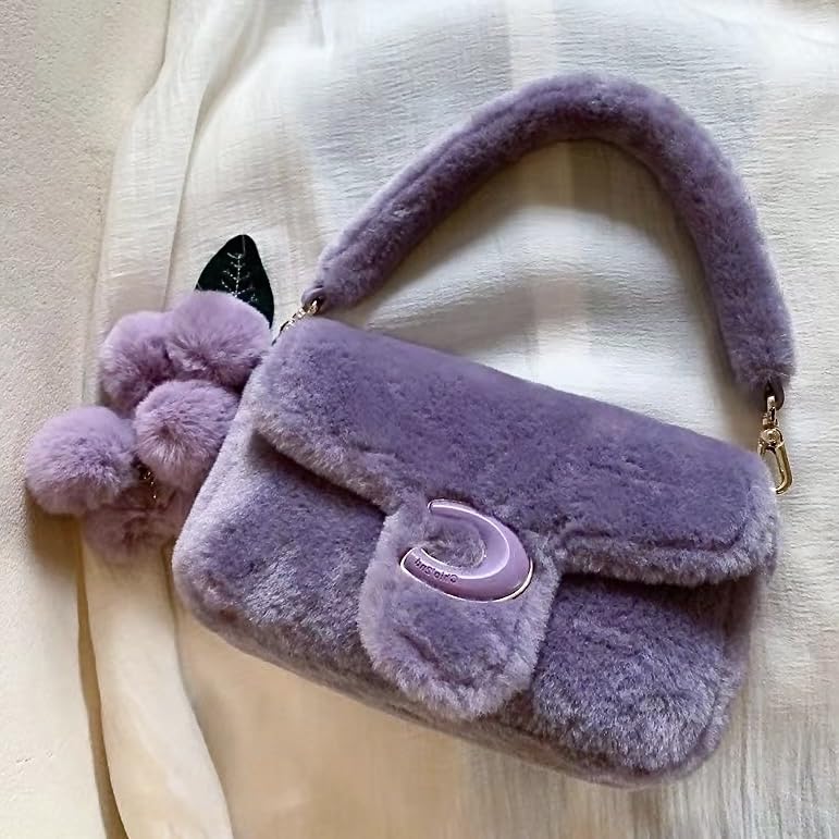 Plush Underarm Bag for Girls Purple Furry Purse Handbags for Women Faux Fur Y2K Fluffy Fuzzy Shoulder Bag for Autumn and Winter4