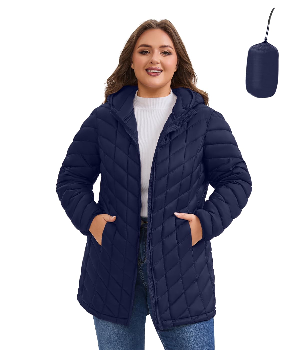 Poemdora Women's Navy Blue Plus Size Packable Puffer Jacket Lightweight Hooded Water Resistant Winter Puffy Coat (,1X)
