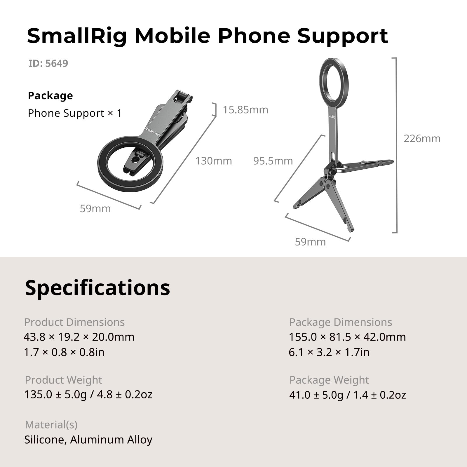 SMALLRIG Treppiede Magnetico Doppio per Telefono, Impugnatura in Metallo per Supporto Cellulare con Filettatura, Supporto Regolabile a 270°, Mini Treppiede Tascabile per iPhone 17/16/15/14/13 -5649