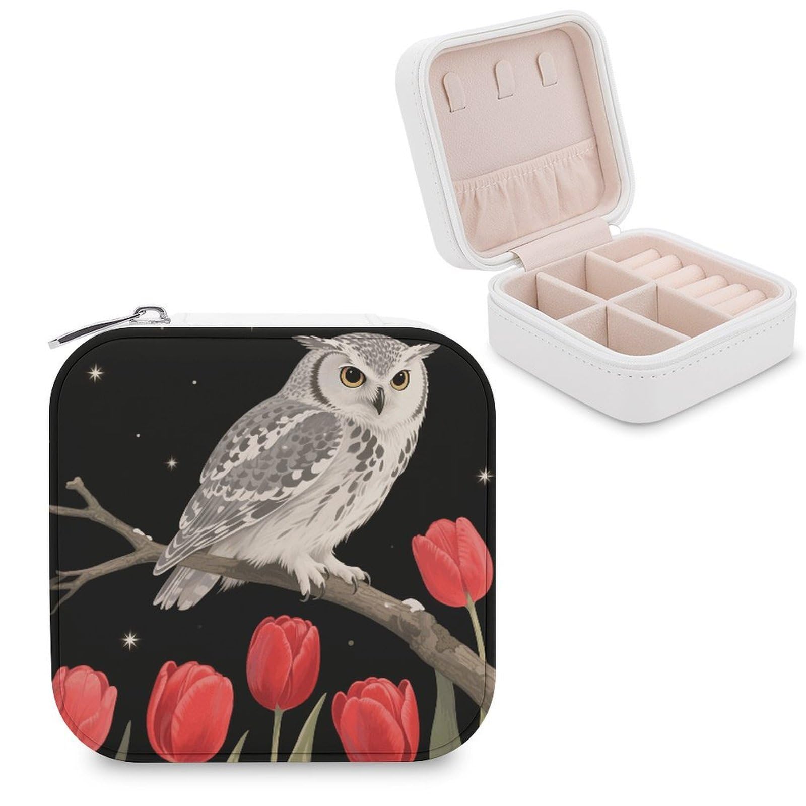 VstaDank Owl Red Flower Jewelry Box for Women Jewelry Organizer Storage Case with Zipper Mini Travel Jewelry Case Cute Trinket Organizer Leather Portable Jewelry Storage Box