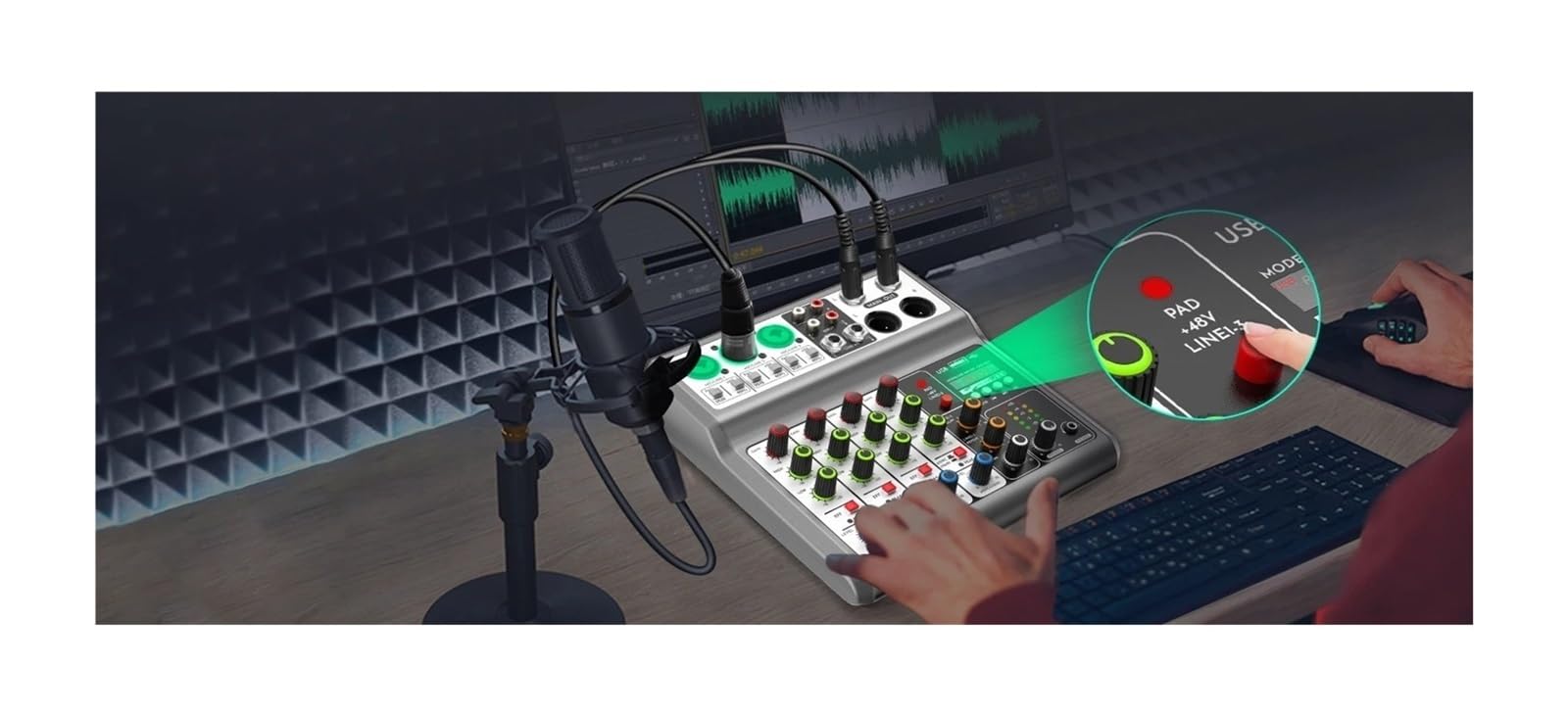 Kontroler DJ-ski, Profesjonalny Mikser, Konsola Miksująca Soundboard Z 5-kanałowym Cyfrowym Efektem Opóźnienia Echa USB Bluetooth, Wejście Stereo 48 V